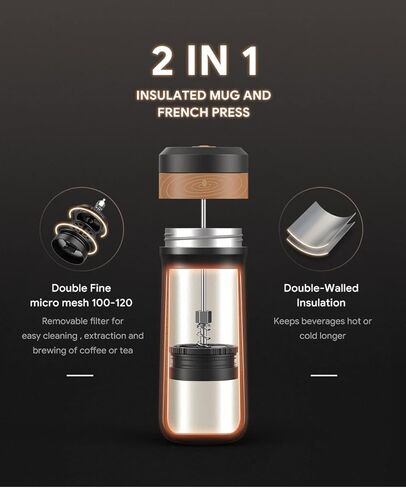Portable French Press Car-Go Coffee Maker Vacuum Insulated Travel Coffee Mug Cup, Hot/Cold Brew Coffee Press With Unique Filter Stainless Steel Tea Maker Coffee Pot Outdoor Camping Bottle, 320ml/11oz in Kuwait