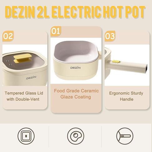Dezin Electric Hot Pot, 2L Non-Stick Ceramic Coating Ramen Cooker, Multifunctional Hot Pot for Ramen, Pasta, Dumplings, Soup, Oatmeal, Portable Hot Pot for Dorm, Office, Travel with Power Adjustment in Saudi Arabia