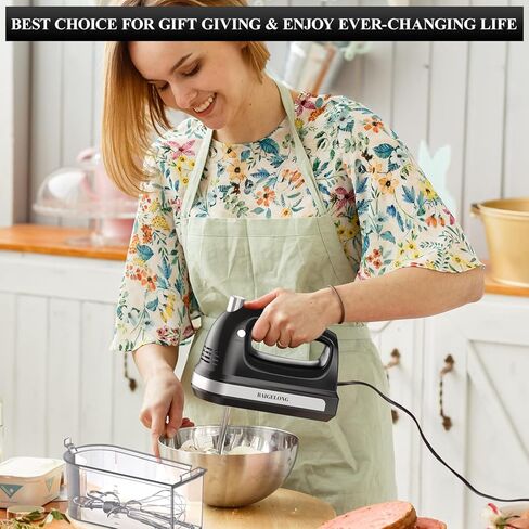 خلاط كهربائي يدوي من بايجلونج، خلاط مطبخ طعام فائق القوة بقدرة 300 وات مع 5 سرعات للتحكم الذاتي + تعزيز توربو، 5 ملحقات من الفولاذ المقاوم للصدأ، خلاط يدوي للخبز، أسود in Kuwait