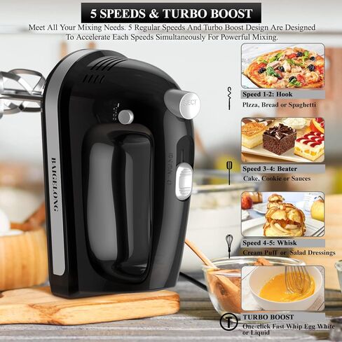 خلاط كهربائي يدوي من بايجلونج، خلاط مطبخ طعام فائق القوة بقدرة 300 وات مع 5 سرعات للتحكم الذاتي + تعزيز توربو، 5 ملحقات من الفولاذ المقاوم للصدأ، خلاط يدوي للخبز، أسود in Kuwait