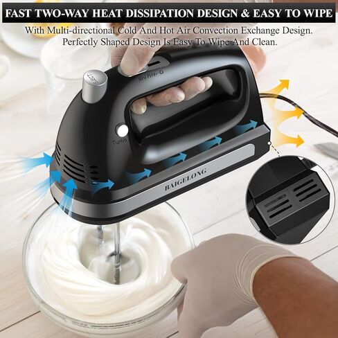 خلاط كهربائي يدوي من بايجلونج، خلاط مطبخ طعام فائق القوة بقدرة 300 وات مع 5 سرعات للتحكم الذاتي + تعزيز توربو، 5 ملحقات من الفولاذ المقاوم للصدأ، خلاط يدوي للخبز، أسود in Kuwait