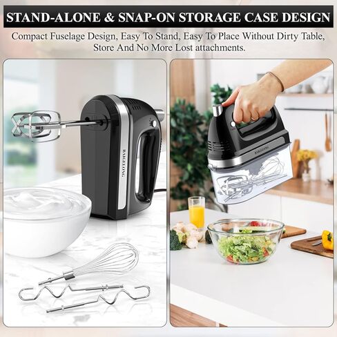 خلاط كهربائي يدوي من بايجلونج، خلاط مطبخ طعام فائق القوة بقدرة 300 وات مع 5 سرعات للتحكم الذاتي + تعزيز توربو، 5 ملحقات من الفولاذ المقاوم للصدأ، خلاط يدوي للخبز، أسود in Kuwait