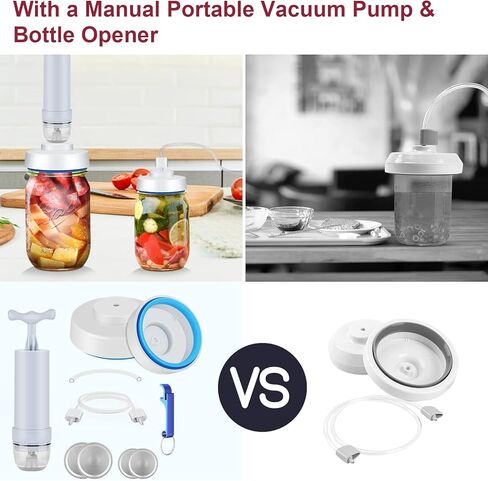 اداة غلق برطمانات فودسيفر بتفريغ الهواء، اداة غلق برطمانات ماسون وخرطوم ملحق مع مضخة تفريغ يدوية محمولة وفتاحة علب، مجموعة ختم بتفريغ الهواء للبرطمانات العادية والعريضة من نوع ماسون in Kuwait