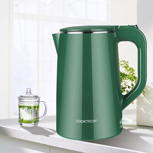 COOKTRON 1.7L Electric Kettle Quiet, Double Wall Hot Water Boiler BPA-Free, Quiet Boil and Cool Touch Tea Kettle, Cordless with Auto Shut-Off & Boil Dry Protection, 1500W Fast Boiling, Green in Kuwait