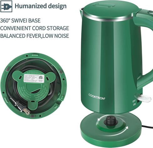 COOKTRON 1.7L Electric Kettle Quiet, Double Wall Hot Water Boiler BPA-Free, Quiet Boil and Cool Touch Tea Kettle, Cordless with Auto Shut-Off & Boil Dry Protection, 1500W Fast Boiling, Green in Kuwait