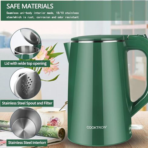 COOKTRON 1.7L Electric Kettle Quiet, Double Wall Hot Water Boiler BPA-Free, Quiet Boil and Cool Touch Tea Kettle, Cordless with Auto Shut-Off & Boil Dry Protection, 1500W Fast Boiling, Green in Kuwait