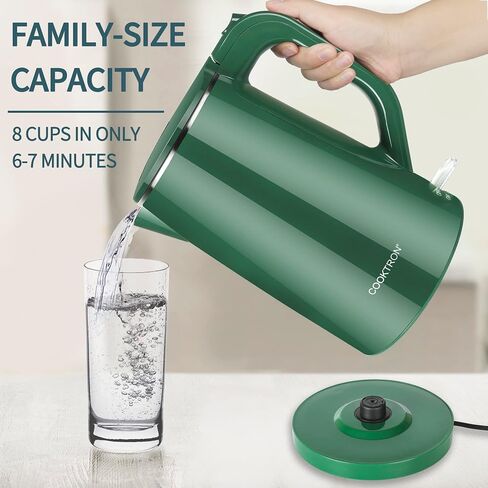 COOKTRON 1.7L Electric Kettle Quiet, Double Wall Hot Water Boiler BPA-Free, Quiet Boil and Cool Touch Tea Kettle, Cordless with Auto Shut-Off & Boil Dry Protection, 1500W Fast Boiling, Green in Kuwait