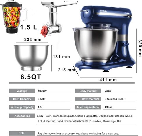 Aifeel Stand Mixer, 6 in 1 Multifunctional Electric Kitchen Mixer 800W 5 Speed with 1.5L juice cup,6.5 QT Bowl, Dough Hook, Whisk, Beater,Meat Grinder, Blender, Sausage Kit (blue) in Saudi Arabia