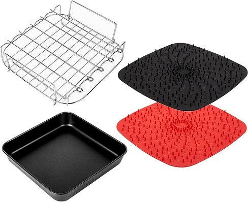 8 inch Square Air Fryer Accessories for Instant Vortex Air Fryer,COSORI,Philips AirFryers,Set of 4,Multi-purpose Double Layer Rack with Skewer,Nonstick Pizza Pan,Silicone Mat in Saudi Arabia