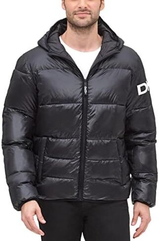 DKNY Men's Water Resistant Ultra Loft Hooded Logo Puffer Jacket (Standard and Big & Tall) in Kuwait