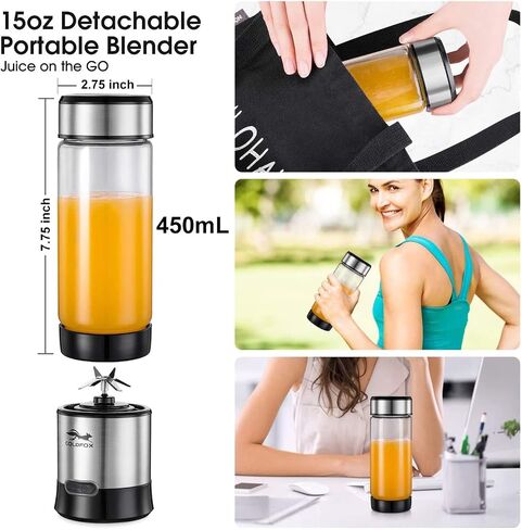 GOLDFOX Portable Blender, USB Rechargeable Personal Blender for Shakes and Smoothies, 15oz Detachable Portable Juicer Cup Small Fruit Juice Mixer for Travel, Gym, Office, etc. (with Brush) in Saudi Arabia