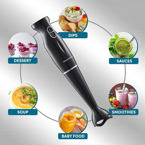 خلاط يدوي من Elite Gourmet EHB1023 بقدرة 300 واط وسرعتين للخلط مع شفرات قابلة للفصل، خلاط عصا قابل للفصل، العصائر، أغذية الأطفال، الحساء، أسود in Saudi Arabia
