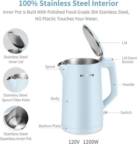 MEISON Electric Kettle, 1.7 L Double Wall Food Grade Stainless Steel Interior Water Boiler, Coffee Pot & Tea Kettle, Auto Shut-Off and Boil-Dry Protection, 1200W, 2 Year Warranty(Black) in Kuwait