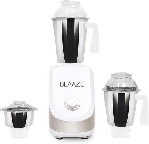 مطحنة خلاط BLAAZE بقوة 110 فولت بقوة 800 وات مع 3 برطمانات وشفرات من الفولاذ المقاوم للصدأ مثالية للطحن الدقيق الجاف والرطب - مضارب دوسا، بهارات الكاري الهندية، خلط طحن صلصة جوز الهند (أبيض فضي غير لامع) in Kuwait