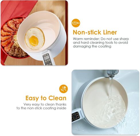 وعاء طهي كهربائي بالبخار، مقلاة متعددة الوظائف غير لاصقة سعة 1.8 لتر، مناسبة للرامين وشرائح اللحم والبيض والأرز والشوفان وزر الحساء الذكي in Kuwait