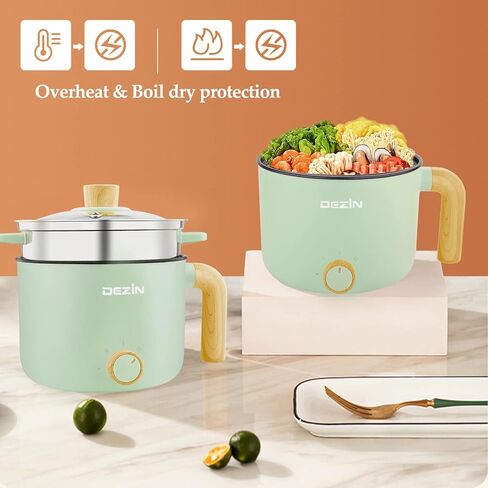 Dezin Electric Hot Pot with Steamer, 1.5L Non-stick Ramen Cooker, 2 in 1 Shabu Shabu Hot Pot, Multifunctional Cooker with Overheating Protection for Stew, Noodles, Green (Egg Rack Included) in Kuwait