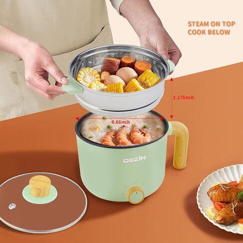 Dezin Electric Hot Pot with Steamer, 1.5L Non-stick Ramen Cooker, 2 in 1 Shabu Shabu Hot Pot, Multifunctional Cooker with Overheating Protection for Stew, Noodles, Green (Egg Rack Included) in Kuwait