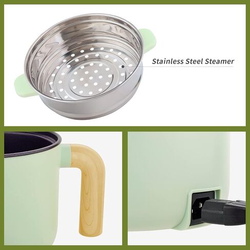 Dezin Electric Hot Pot with Steamer, 1.5L Non-stick Ramen Cooker, 2 in 1 Shabu Shabu Hot Pot, Multifunctional Cooker with Overheating Protection for Stew, Noodles, Green (Egg Rack Included) in Kuwait