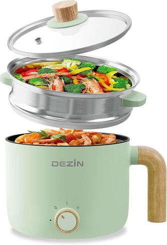 Dezin Electric Hot Pot with Steamer, 1.5L Non-stick Ramen Cooker, 2 in 1 Shabu Shabu Hot Pot, Multifunctional Cooker with Overheating Protection for Stew, Noodles, Green (Egg Rack Included) in Kuwait