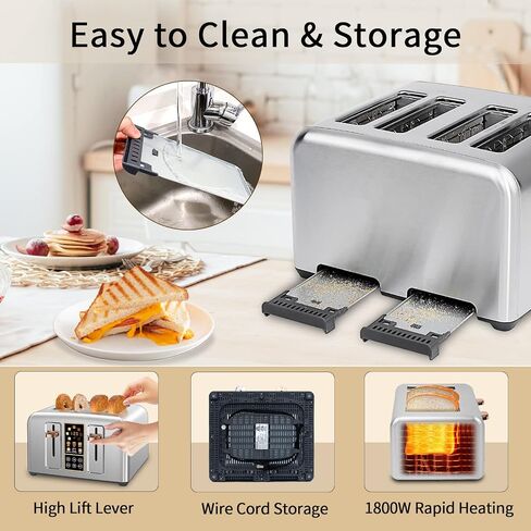 SEEDEEM 4 Slice Stainless Steel Toaster, 1.5" Wide Slots, Dark Metallic | Toaster 4 Slice, 6 Bread Type, 7 Shade Settings, 1.5'' Wide Slots, Cancel/Defrost/Reheat, Removable Crumb Tray, 1800W in Kuwait
