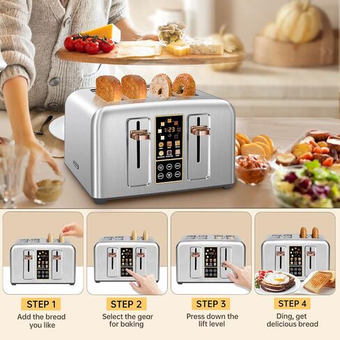 SEEDEEM 4 Slice Stainless Steel Toaster, 1.5" Wide Slots, Dark Metallic | Toaster 4 Slice, 6 Bread Type, 7 Shade Settings, 1.5'' Wide Slots, Cancel/Defrost/Reheat, Removable Crumb Tray, 1800W in Kuwait