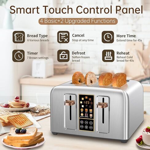SEEDEEM 4 Slice Stainless Steel Toaster, 1.5" Wide Slots, Dark Metallic | Toaster 4 Slice, 6 Bread Type, 7 Shade Settings, 1.5'' Wide Slots, Cancel/Defrost/Reheat, Removable Crumb Tray, 1800W in Kuwait
