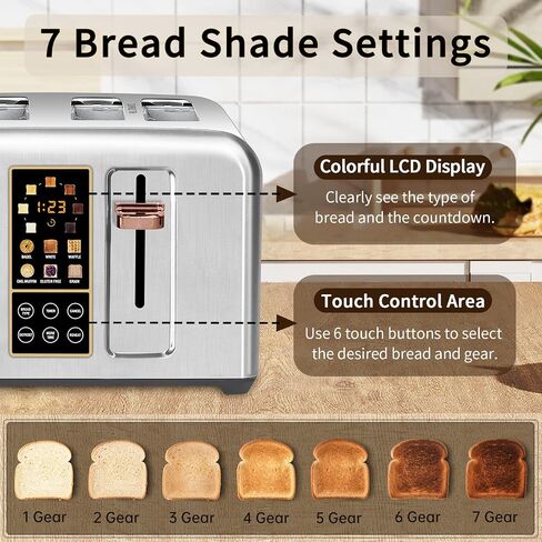 SEEDEEM 4 Slice Stainless Steel Toaster, 1.5" Wide Slots, Dark Metallic | Toaster 4 Slice, 6 Bread Type, 7 Shade Settings, 1.5'' Wide Slots, Cancel/Defrost/Reheat, Removable Crumb Tray, 1800W in Kuwait