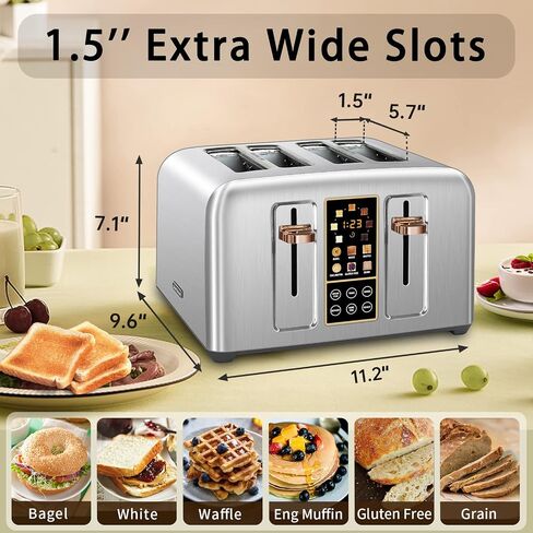 SEEDEEM 4 Slice Stainless Steel Toaster, 1.5" Wide Slots, Dark Metallic | Toaster 4 Slice, 6 Bread Type, 7 Shade Settings, 1.5'' Wide Slots, Cancel/Defrost/Reheat, Removable Crumb Tray, 1800W in Kuwait