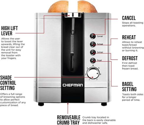 Chefman 2-Slice Pop-Up Stainless Steel Toaster w/ 7 Shade Settings, Extra Wide Slots for Toasting Bagels, Defrost/Reheat/Cancel Functions, Removable Crumb Tray, 850W, 120V, Silver in Saudi Arabia