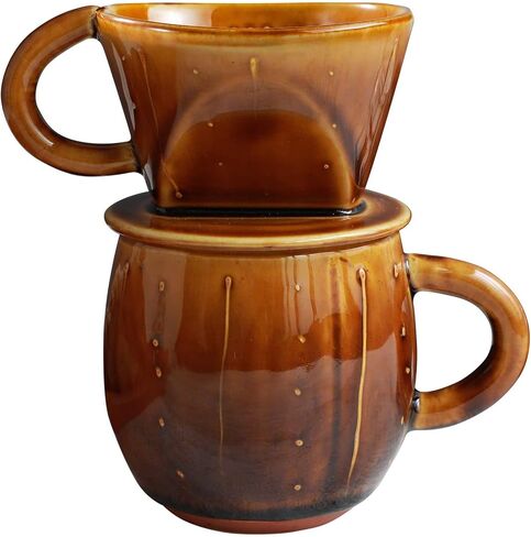 Asayu Japan Ceramic Coffee Pour Over Maker Set in Caramel, Slow Brewing Paper Filter Holder and Dripper with 3 Holes for Coffee and Tea - Accessory Ceramic Mug in Saudi Arabia