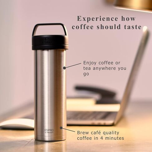ESPRO P0 Ultralight French Press - Double Walled Stainless Steel Vacuum Insulated Coffee and Tea Maker, 16 Ounce, Brushed Stainless Steel in Kuwait