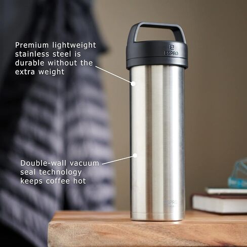 ESPRO P0 Ultralight French Press - Double Walled Stainless Steel Vacuum Insulated Coffee and Tea Maker, 16 Ounce, Brushed Stainless Steel in Kuwait