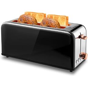 Toaster 4 Slice with Wide Slots, 2 Long Slot Toaster for Bagels Waffles and Toast, 6 Browning Levels, Stainless Steel, Removable Tray, Cancel/Bagel/Defrost Functions, WT-8500 Black (1500W)