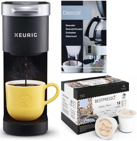 Keurig K-Mini Single-Serve Coffee Maker (Black) Bundle with Acid-Based Coffee and Espresso Machine Descaling Powder and 12-Count Single-Serve K-Cup Italian Roast Coffee (3 Items) in Saudi Arabia