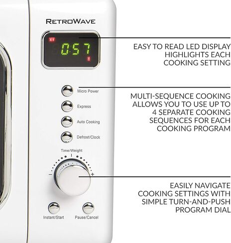 فرن ميكروويف نوستالجيا ريترو مدمج على سطح الطاولة 0.7 قدم مكعب. قدم. 700 واط مع شاشة رقمية إل إي دي، قفل للأطفال، تصميم داخلي سهل التنظيف، أبيض in Kuwait