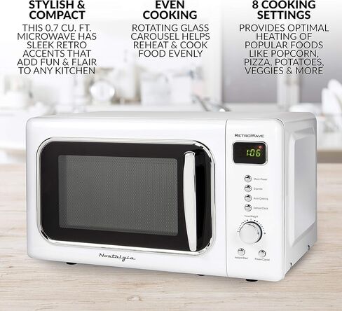 فرن ميكروويف نوستالجيا ريترو مدمج على سطح الطاولة 0.7 قدم مكعب. قدم. 700 واط مع شاشة رقمية إل إي دي، قفل للأطفال، تصميم داخلي سهل التنظيف، أبيض in Kuwait