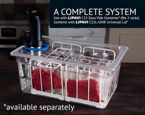 حامل LIPAVI N15X Sous Vide مع مضاد للطفو - قابل للتعديل وقابل للطي، ويضمن الدفء المتساوي مع طهي Sous Vide - بولي كربونات بيضاء مع أوزان من الفولاذ المقاوم للصدأ 316L - مربع L: 8.3 عرض: 6.4 ارتفاع: 7 بوصة - يناسب حاوية LIPAVI C15 in Kuwait