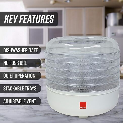 Ronco for Beef, Turkey, Chicken, Fish Jerky, Fruits, Vegetables 5-Tray Dehydrator, Food Preserver Quiet & Easy Operation, Classic White in Kuwait