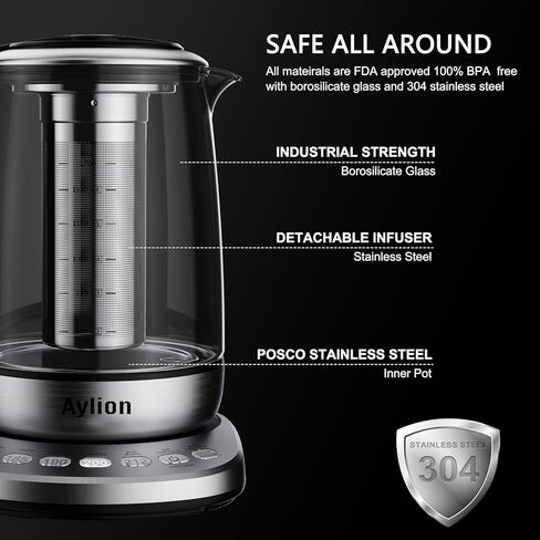 غلاية كهربائية ذكية مع تحكم في درجة الحرارة، 5 اعدادات مسبقة مع مصفاة قابلة للازالة، تحافظ على الدفء لمدة ساعتين مع اغلاق تلقائي، 1.7 لتر، زجاج وستانلس ستيل، خالية من البيسفينول ايه in Kuwait