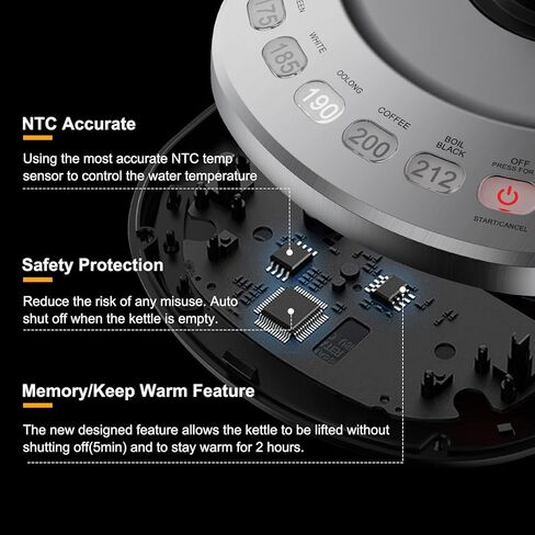 غلاية كهربائية ذكية مع تحكم في درجة الحرارة، 5 اعدادات مسبقة مع مصفاة قابلة للازالة، تحافظ على الدفء لمدة ساعتين مع اغلاق تلقائي، 1.7 لتر، زجاج وستانلس ستيل، خالية من البيسفينول ايه in Kuwait