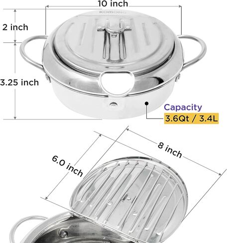 Deep Fryer Pot (°F), Japanese Tempura Small Deep Frying Pot with Fahrenheit Thermometer, 304 Stainless Steel Deep Fryer with Oil Draining Rack for Tempura chips, Fries, Fish, and Chicken in Kuwait