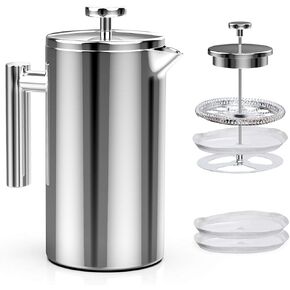 ماكينة صنع القهوة بالضغط الفرنسي من باين، 8 أكواب من الفولاذ المقاوم للصدأ، 34 أونصة، ماكينة صنع شاي القهوة المعزولة بجدار معدني مزدوج مع نظام ترشيح بـ 4 مستويات، خالية من الصدأ، آمنة للاستخدام في غسالة الأطباق in Kuwait