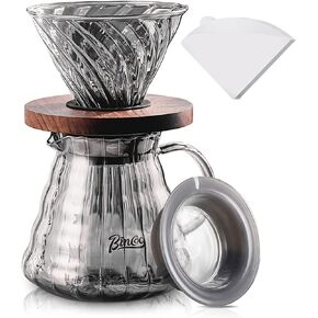 Bincoo Pour Over Coffee Maker Set with Dripper Size 02,600ml Glass Coffee Server Set,V60 Glass Coffee Dripper with Wood Stand Filter Paper for Home Office Gift(Grey)