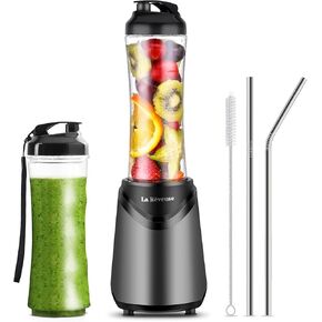 La Reveuse Smoothie Blender Personal Size 300 Watts with 2 Pieces 18 oz BPA-Free Travel Sports Bottles,Grey