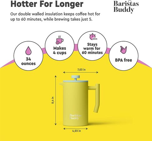 French Press Coffee Maker - Insulated, Stainless Steel Manual Coffee Makers For Home, Office Or Camping - Large 34oz Capacity For 4 Cups in Saudi Arabia