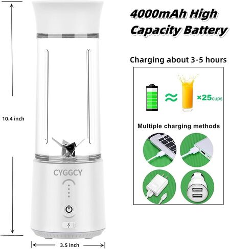 خلاط CYGGCY المحمول، خلاط صغير شخصي للمخفوقات والعصائر، خلاط للسفر قابل للشحن عبر USB، خلاط عصير بحجم شخصي 17.6oz، خلاط عصير طازج مع 6 شفرات من الفولاذ المقاوم للصدأ وبطارية قابلة لإعادة الشحن 4000 مللي أمبير في الساعة (أسود) in Saudi Arabia
