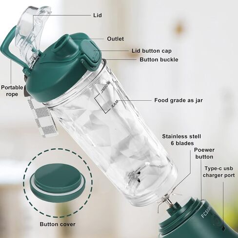Portable Blender, Personal Blender for Shakes and Smoothies, USB Rechargeable 600Ml Juicer Cup, Mini Blender with Six Strong Stainless-Steel Blades for Kitchen, Camping, Travel (Green) in Saudi Arabia