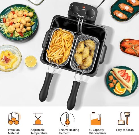 COSTWAY 5.3Qt/5L Deep Fryer with Basket, Adjustable Temperature & Timer | 1700 Watts, Stainless Steel, Lid with View Window, Professional Style, Deep Fryer Pot for Home Use, French Fries, Chicken in Saudi Arabia