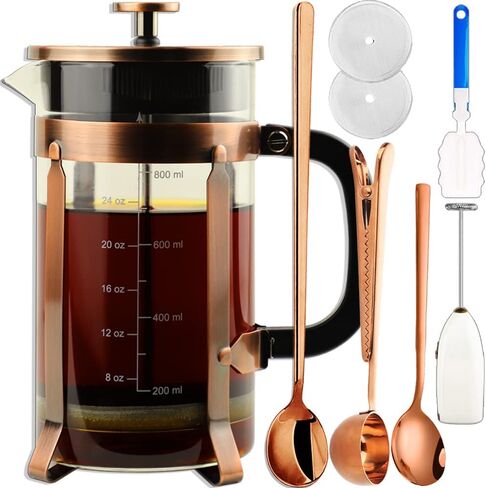 ADAMITA French Press Coffee Maker 8 cups 34 oz 304 Stainless Steel Coffee Press with 4 Filter Screens, Easy Clean Heat Resistant Borosilicate Glass - Free 100% BPA… (Copper-NRA1-S, 34oz) in Saudi Arabia