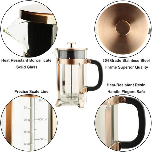 ADAMITA French Press Coffee Maker 8 cups 34 oz 304 Stainless Steel Coffee Press with 4 Filter Screens, Easy Clean Heat Resistant Borosilicate Glass - Free 100% BPA… (Copper-NRA1-S, 34oz) in Saudi Arabia